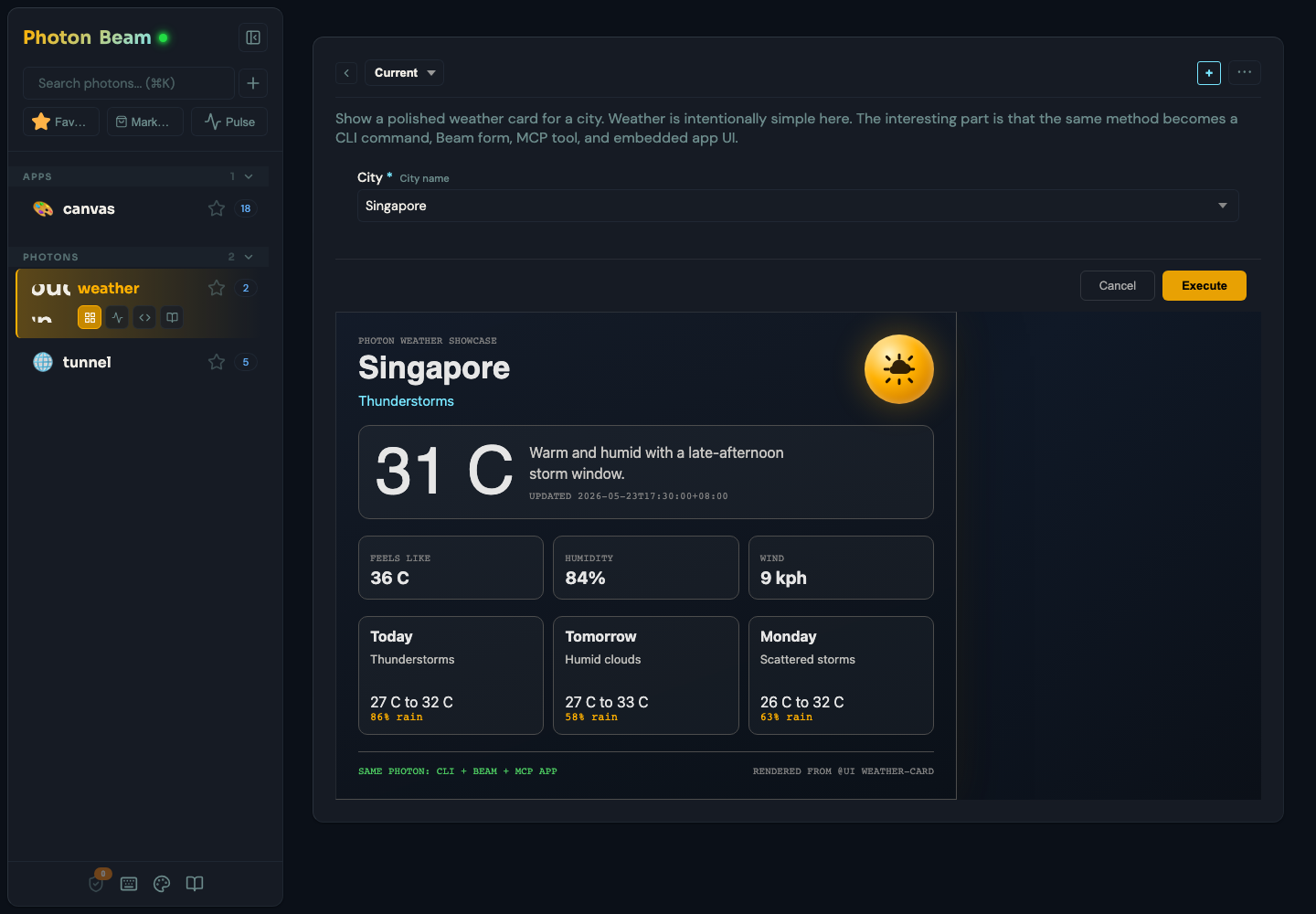Weather card rendered inside Beam
