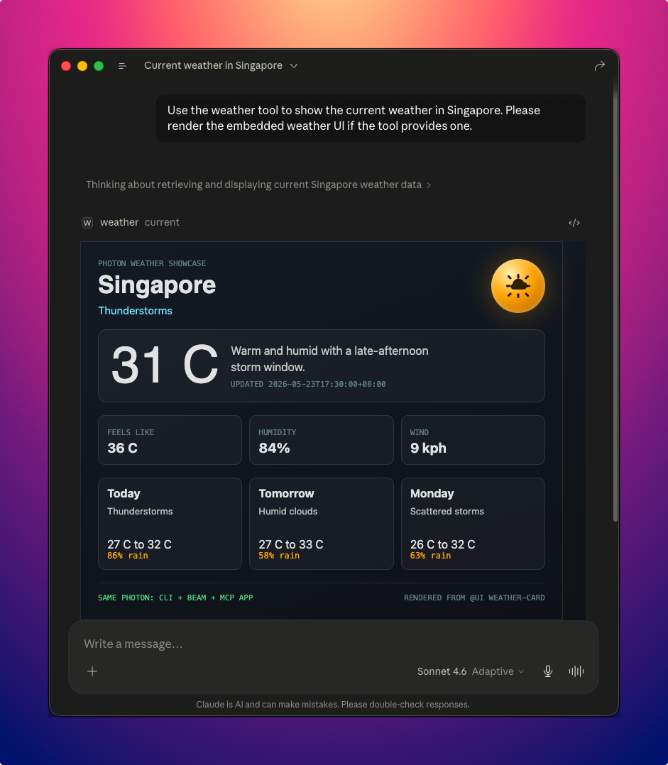 Claude Desktop rendering the weather Photon as an MCP app
