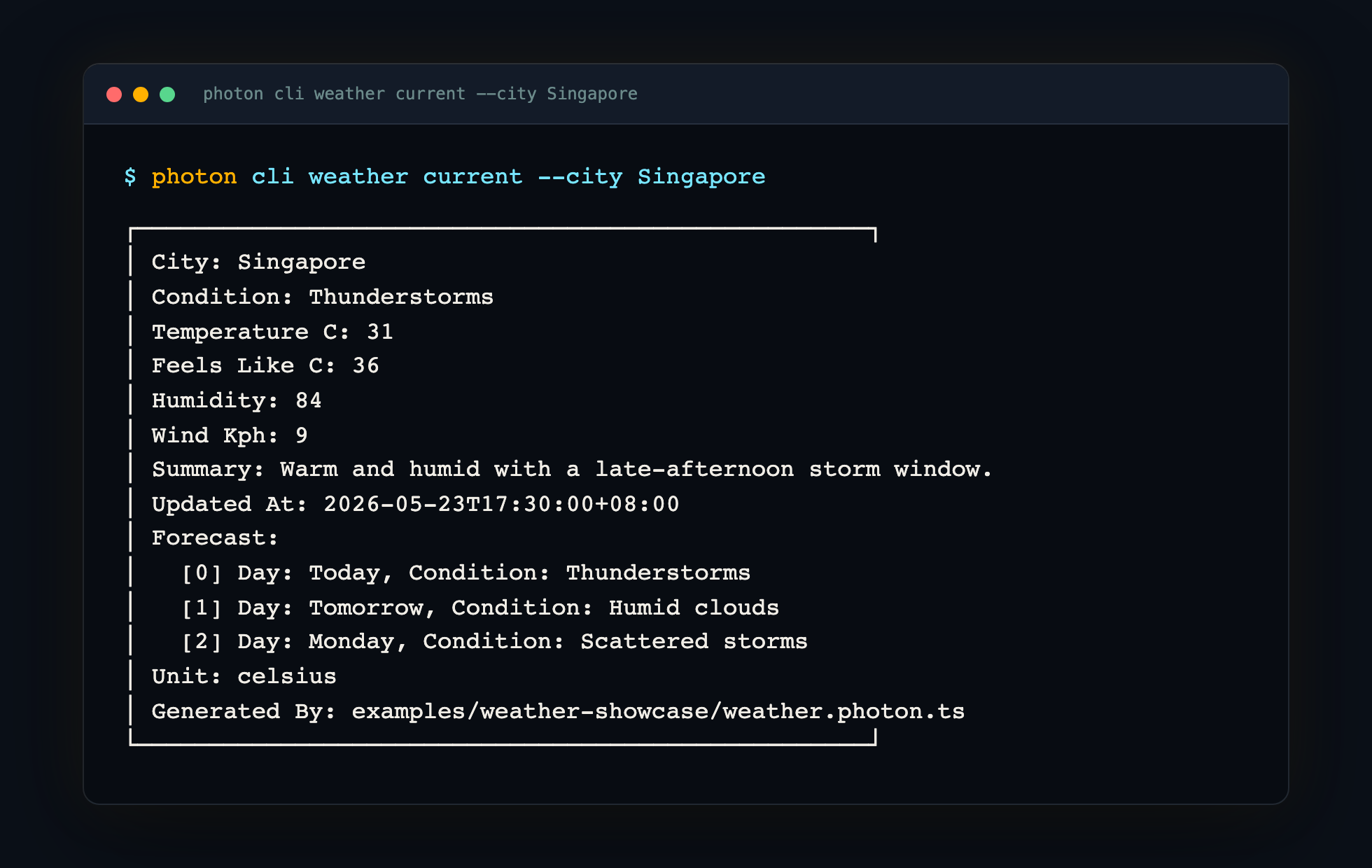 Weather method rendered in the CLI